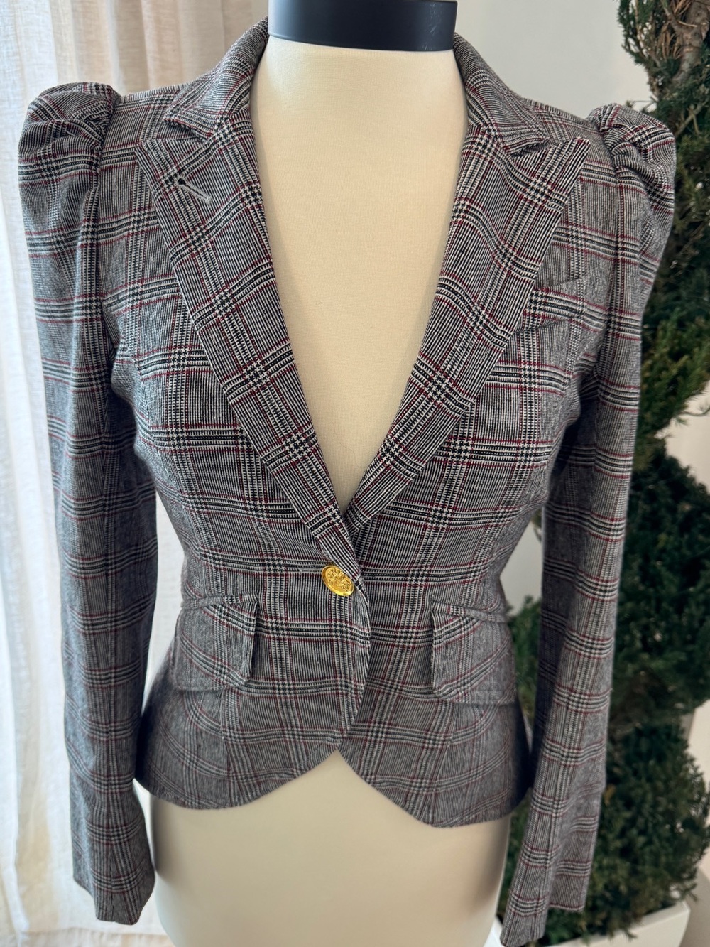 Smythe Gray Plaid Blazer with Gold Button - Size 6